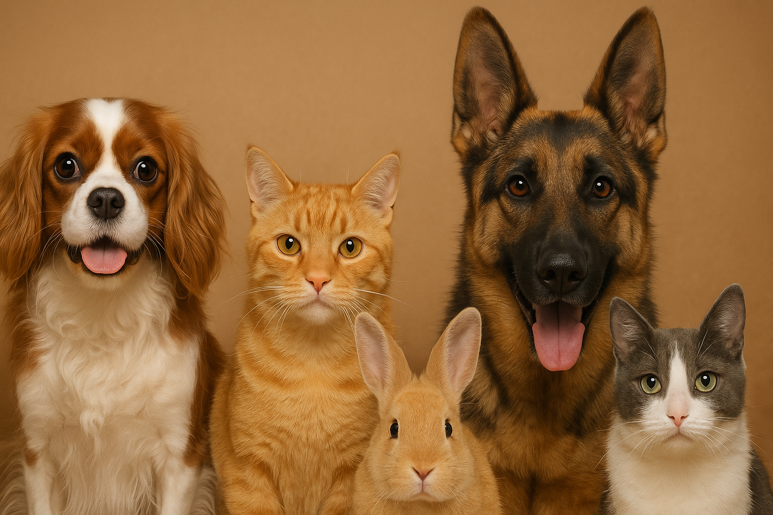 Four animals (two dogs, two cats) standing together against a brown background