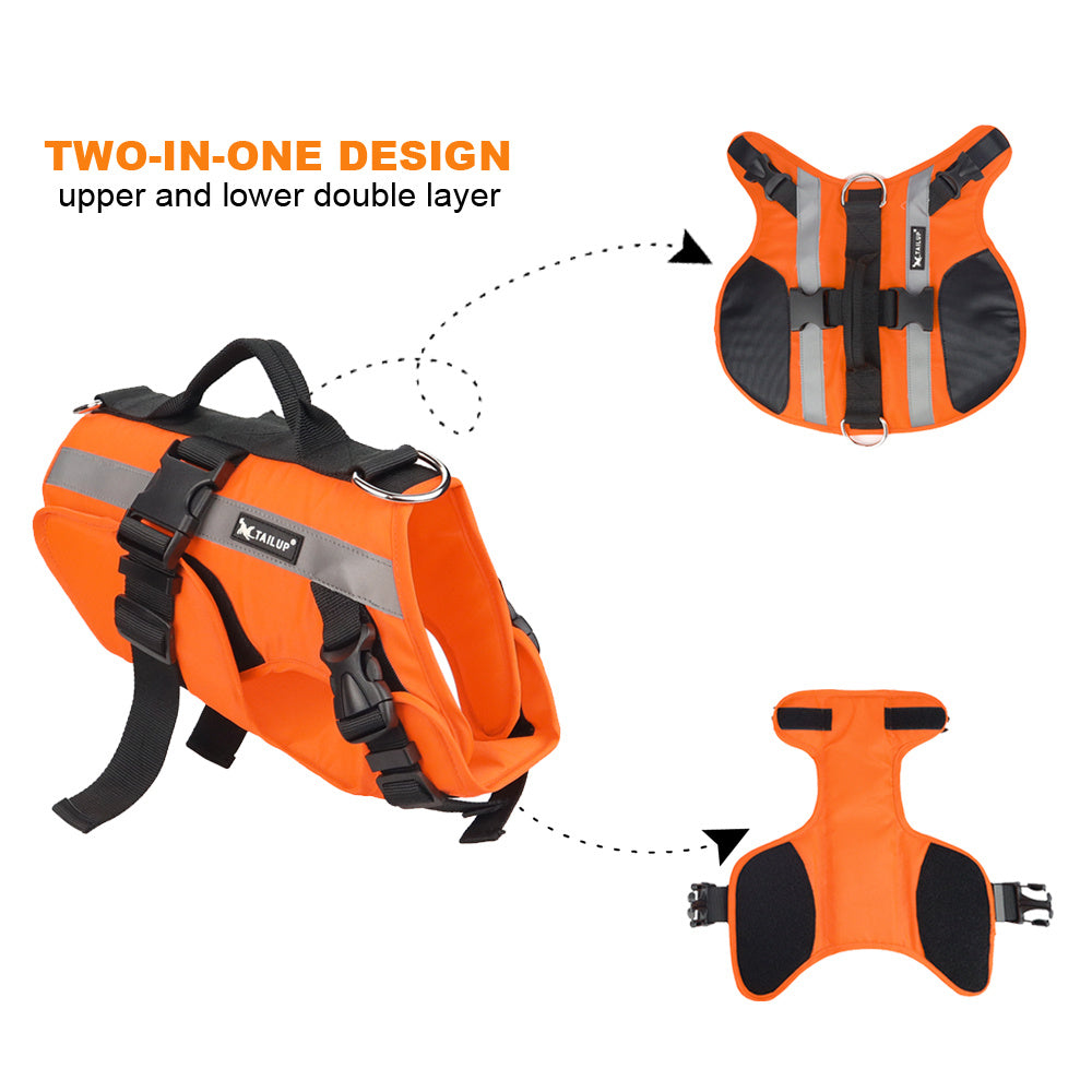 Orange dog life jacket with two-in-one design on a white background