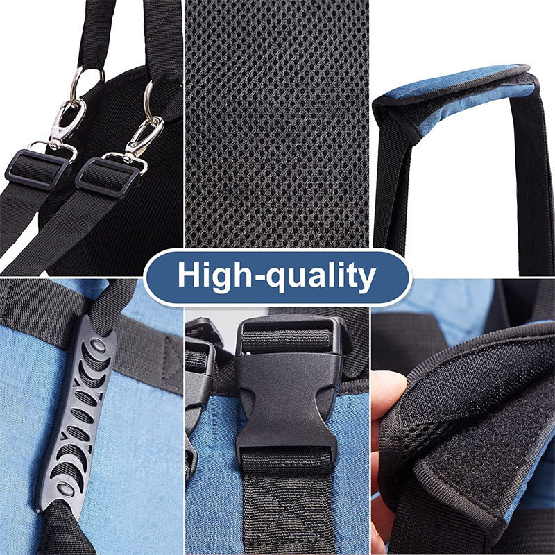Collage of high-quality backpack straps with close-up details on a blue background.