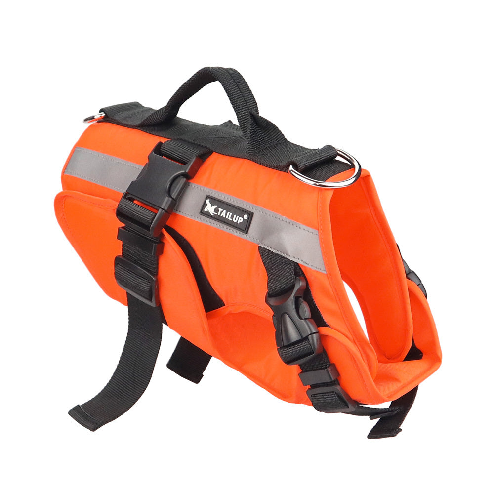 Orange dog life jacket with black straps on a white background