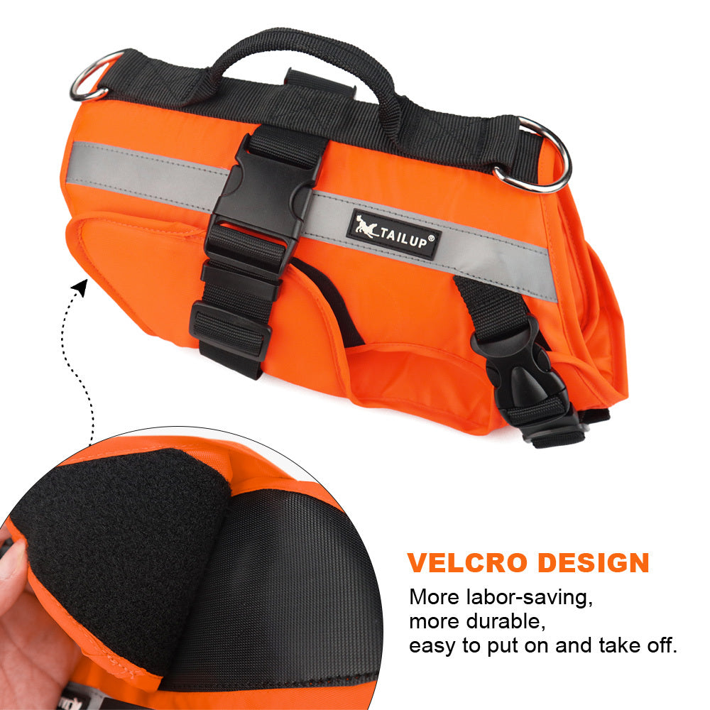 Orange dog vest with reflective strip and black straps, showing velcro design on a white background.