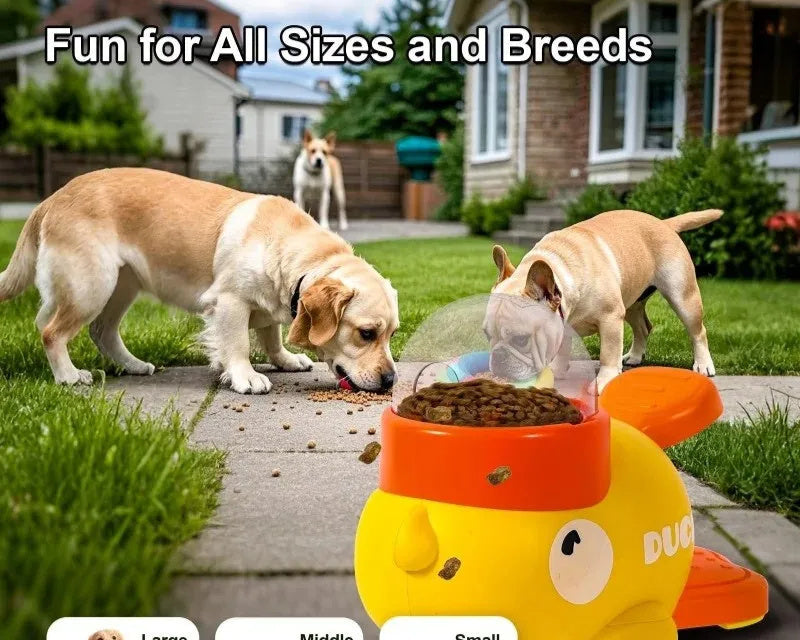 Yellow and orange dog toy shaped like a submarine with text 'Fun for All Sizes and Breeds' and 'Perfect for Multi Dog Home'.