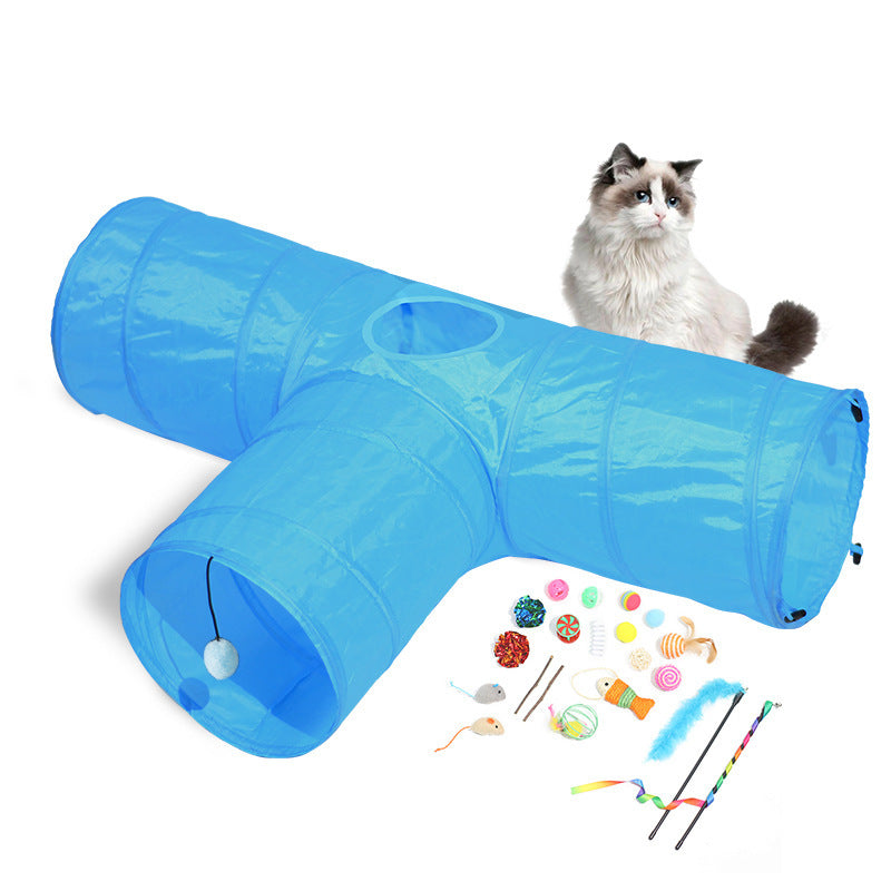 Blue cat tunnel toy with a cat and additional toys on a white background