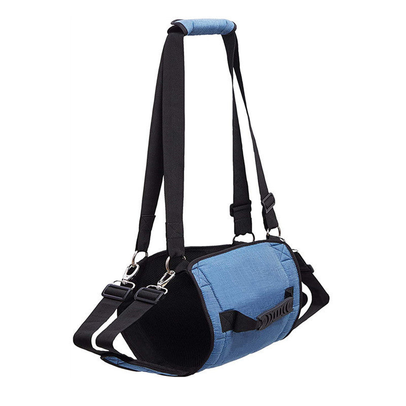 Blue and black pet carrier with straps on a white background