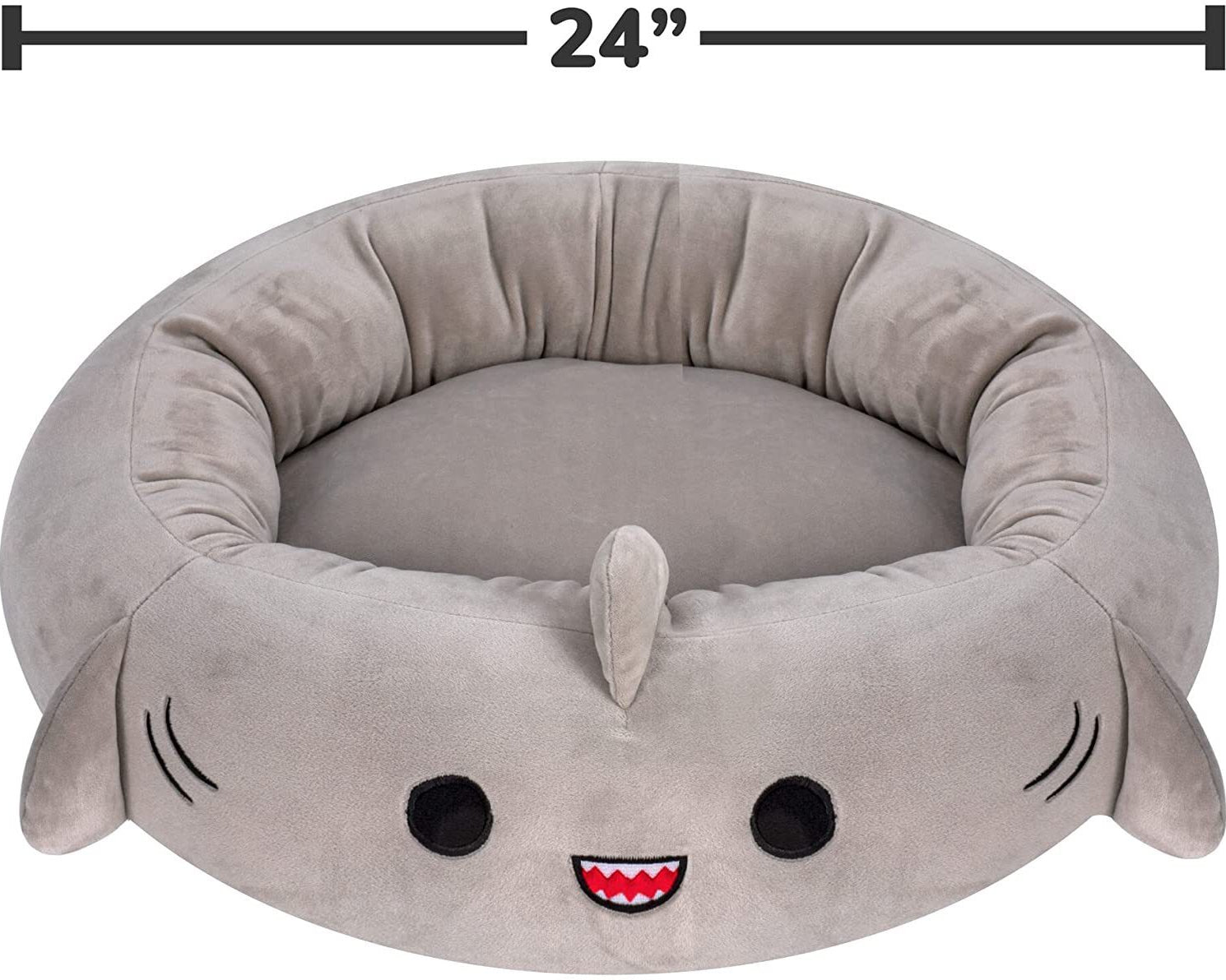 Gray shark-shaped pet bed with cartoon face design and measurement label on a white background