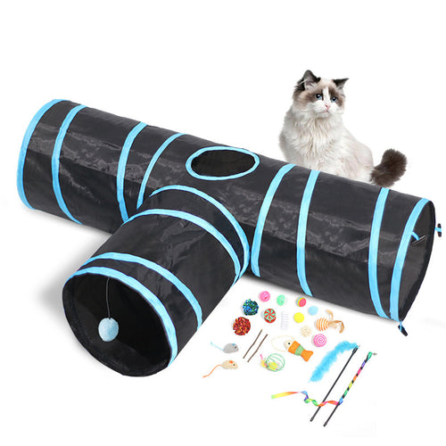 Cat tunnel with accessories and a cat on a white background
